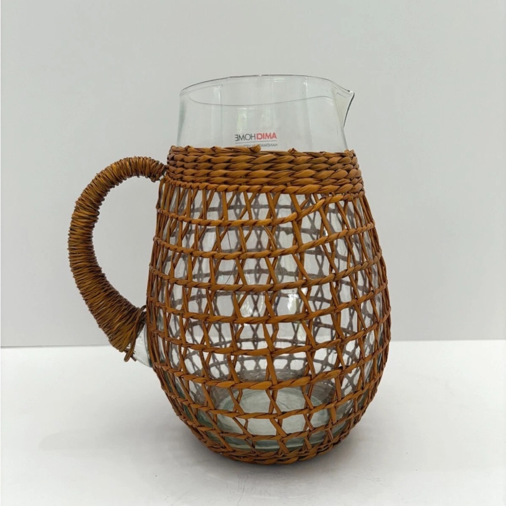 Amici Home Vintage MCM Glass Rattan Bali Pitcher Handle Vase 8.5" Boho Bar Decor